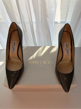 Jimmy Choo Classic Dark Grey Leather Pointed Toe Pumps